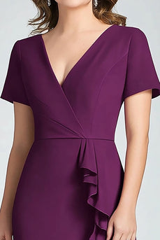 Dark Purple Mermaid V Neck Short Sleeves Ruffles Chiffon Long Mother of the Bride Dress