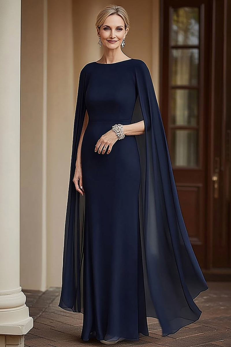 Load image into Gallery viewer, Flowy Navy Mermaid Chiffon Long Mother of the Bride Dress with Cape