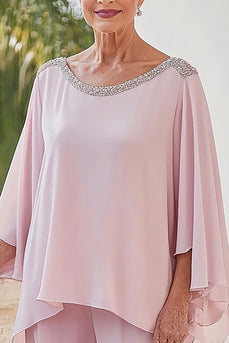 Sparkly Pink Flowy Long Sleeves Beaded Chiffon Mother of the Bride Jumpsuit