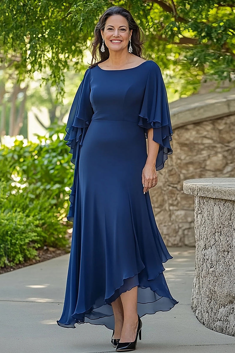 Load image into Gallery viewer, Navy Mermaid Ruffle Flowy 3/4 Sleeves Chiffon Long Mother of the Bride Dress