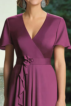 Purple Mermaid Wrap Short Sleeves V Neck Ruffles Chiffon Long Mother of the Bride Dress