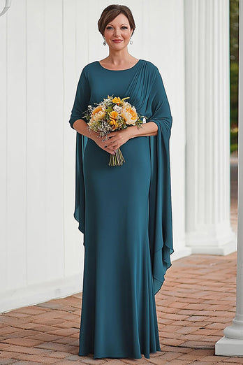 Flowy Peacock Mermaid Pleats Chiffon Ruffle Long Mother of the Bride Dress