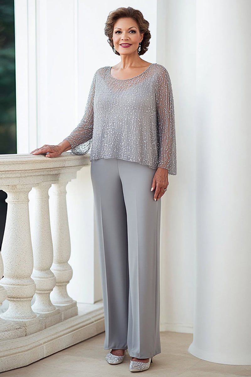 Load image into Gallery viewer, Sparkly Grey Sequined Top Long Sleeves Chiffon Formal Jumpsuit