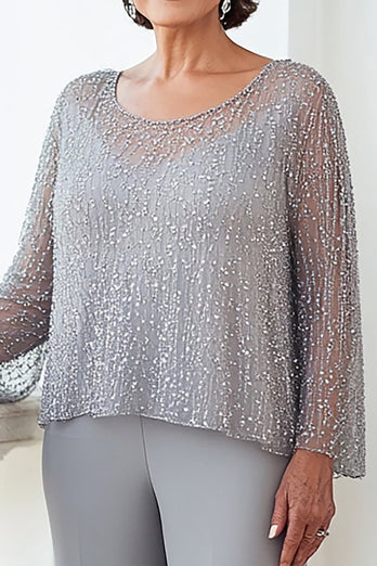 Sparkly Grey Sequined Top Long Sleeves Chiffon Formal Jumpsuit