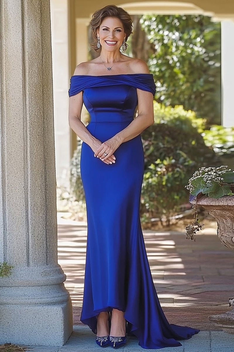 Load image into Gallery viewer, Royal Blue Mermaid Off the Shoulder Ruched Long Mother of the Bride Dress