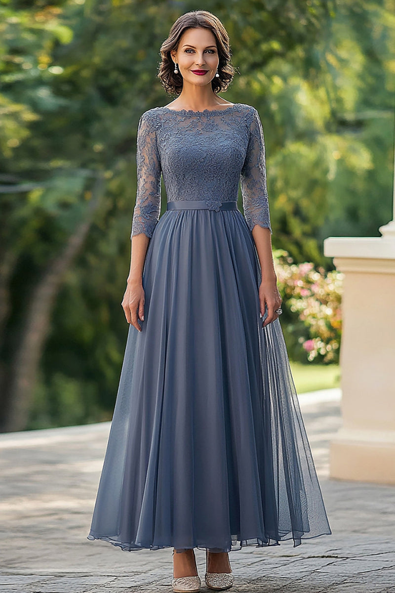 Load image into Gallery viewer, Dusty Blue A-Line 3/4 Sleeves Lace Top Chiffon Long Mother of the Bride Dress