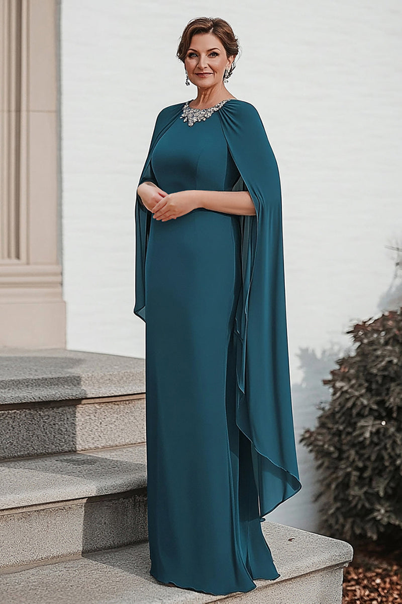 Load image into Gallery viewer, Sparkly Peacock Mermaid Rhinestones Chiffon Long Mother of the Bride Dress with Cape