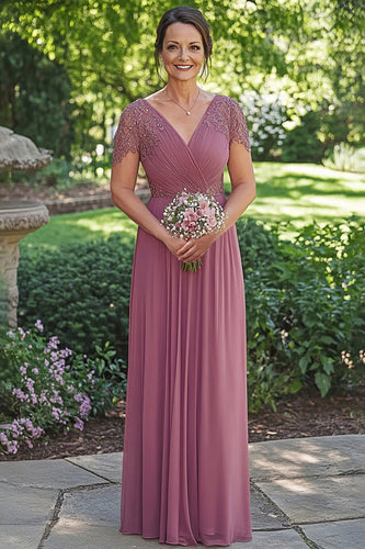 Sparkly Dusty Rose A-Line Wrap Sequined Short Sleeves Chiffon Long Mother of the Bride Dress