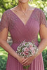 Load image into Gallery viewer, Sparkly Dusty Rose A-Line Wrap Sequined Short Sleeves Chiffon Long Mother of the Bride Dress