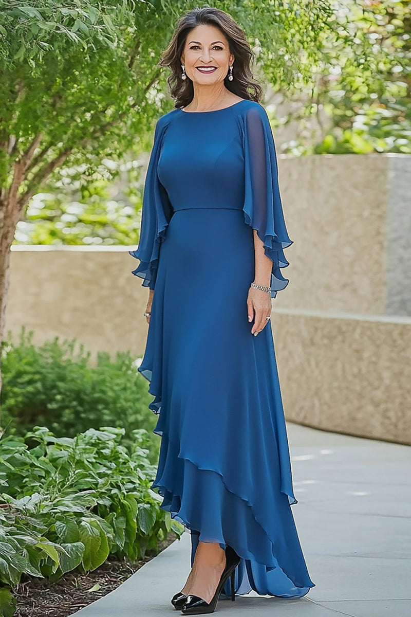 Load image into Gallery viewer, Blue A Line Chiffon Scoop High Low Mother of the Bride Dress with Flutter Sleeves