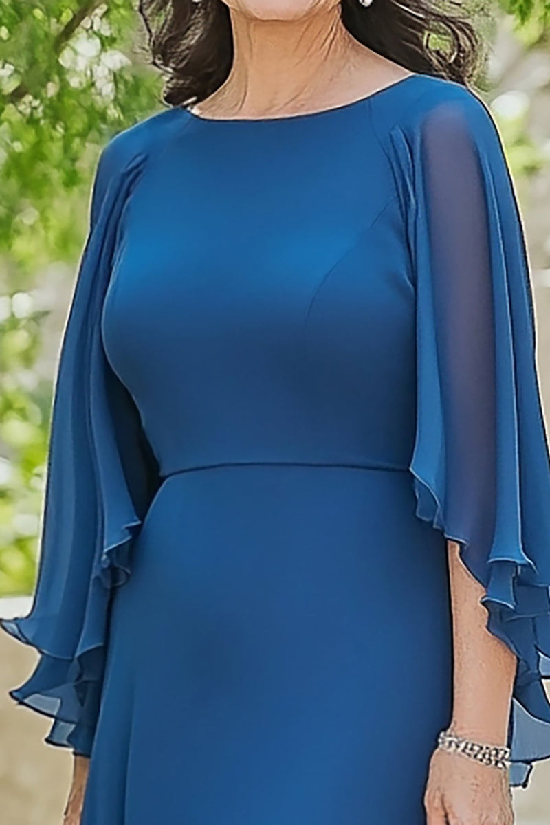 Load image into Gallery viewer, Blue A Line Chiffon Scoop High Low Mother of the Bride Dress with Flutter Sleeves