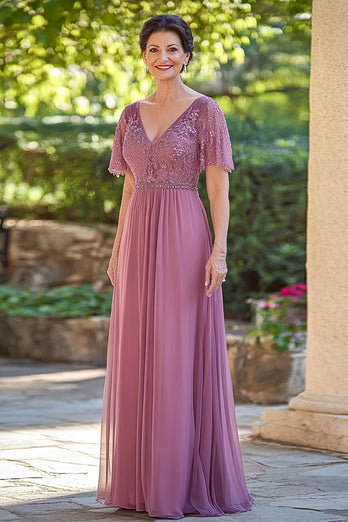 Chiffon Lace Applique V Neck Long Dusty Rose Mother of the Bride Dress with Short Sleeves