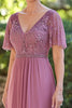 Load image into Gallery viewer, Chiffon Lace Applique V Neck Long Dusty Rose Mother of the Bride Dress with Short Sleeves