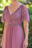 Load image into Gallery viewer, Chiffon Lace Applique V Neck Long Dusty Rose Mother of the Bride Dress with Short Sleeves