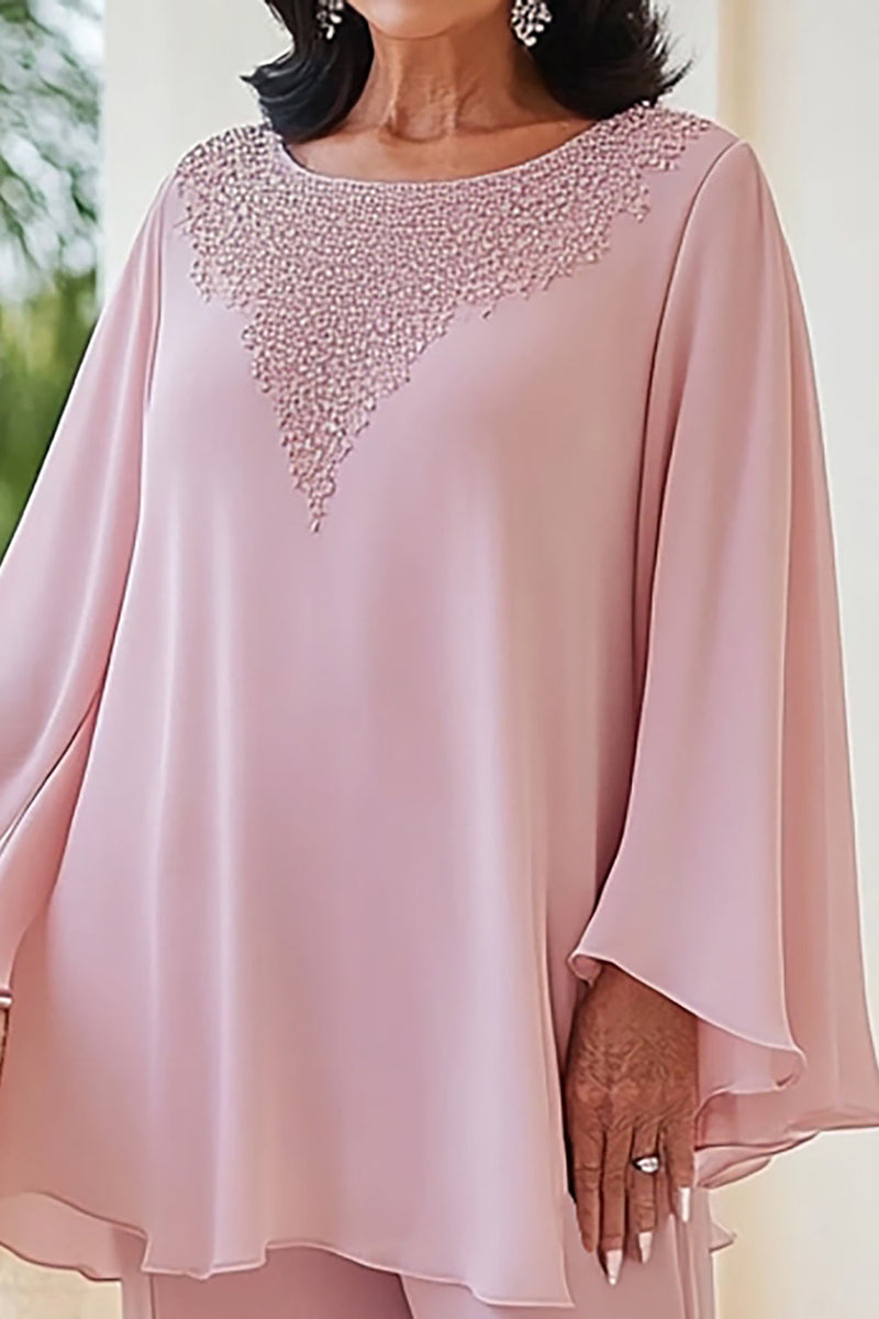 Load image into Gallery viewer, Pink 2-Piece Chiffon Scoop Beaded Mother of the Bride Pant Suits with Long Sleeves