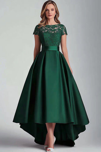 Green Satin Lace A Line High Low Mother of the Bride Dress with Short Sleeves