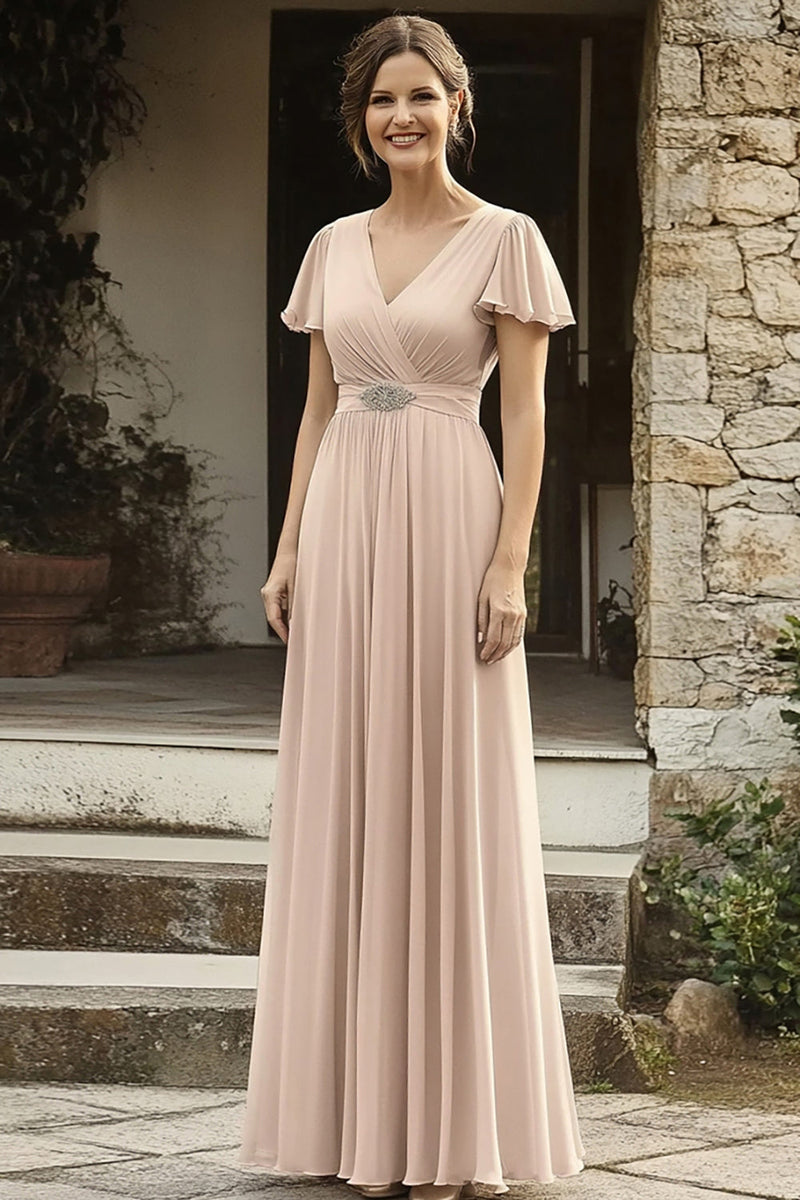 Load image into Gallery viewer, Elegant Chiffon V Neck Champagne Mother of the Bride Dress with Short Sleeves