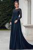 Load image into Gallery viewer, Navy Satin Lace Scoop Mother of the Bride Dress with Long Sleeves