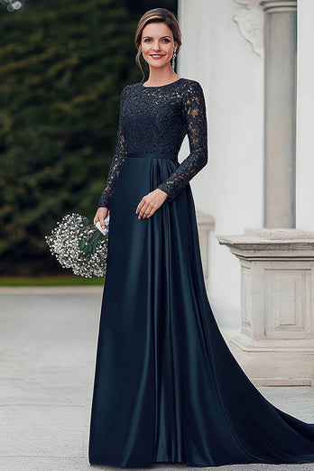 Navy Satin Lace Scoop Mother of the Bride Dress with Long Sleeves