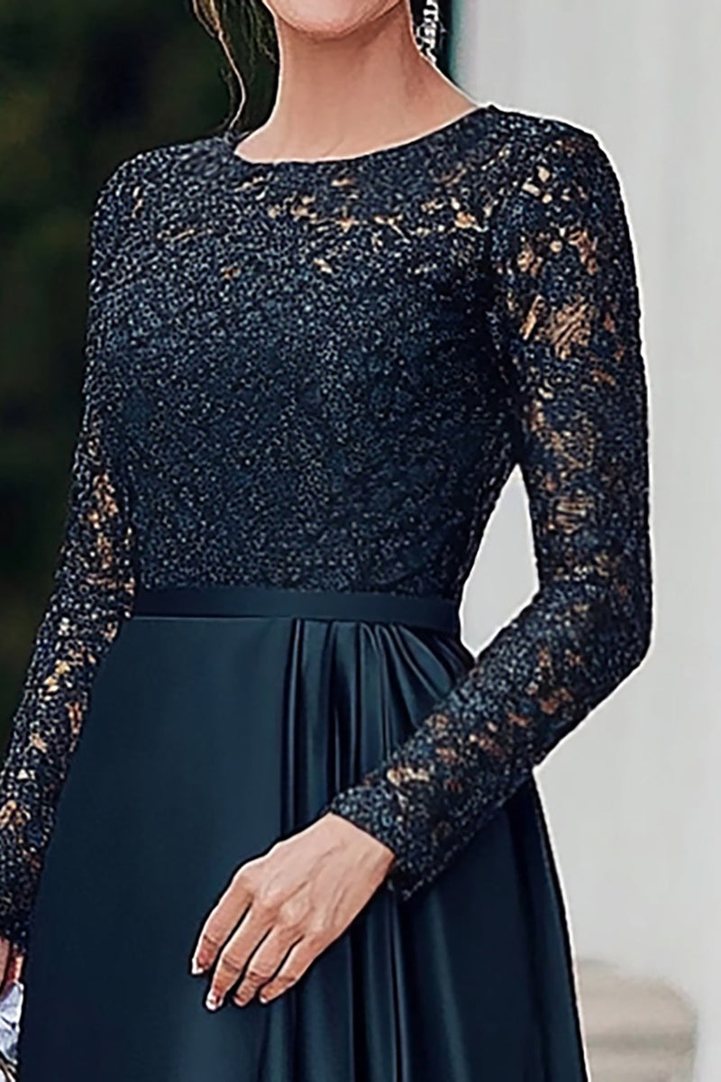 Load image into Gallery viewer, Navy Satin Lace Scoop Mother of the Bride Dress with Long Sleeves