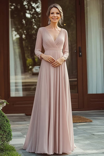 Chiffon V Neck Champagne Mother of the Bride Dress with 3/4 Sleeves