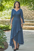 Load image into Gallery viewer, Dusty Blue Asymmetrical V Neck Ruffled Half Sleeve Mother of the Bride Dress