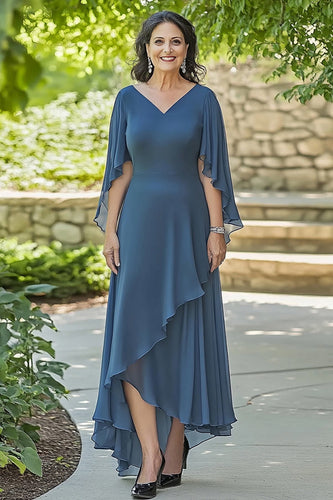 Dusty Blue Asymmetrical V Neck Ruffled Half Sleeve Mother of the Bride Dress