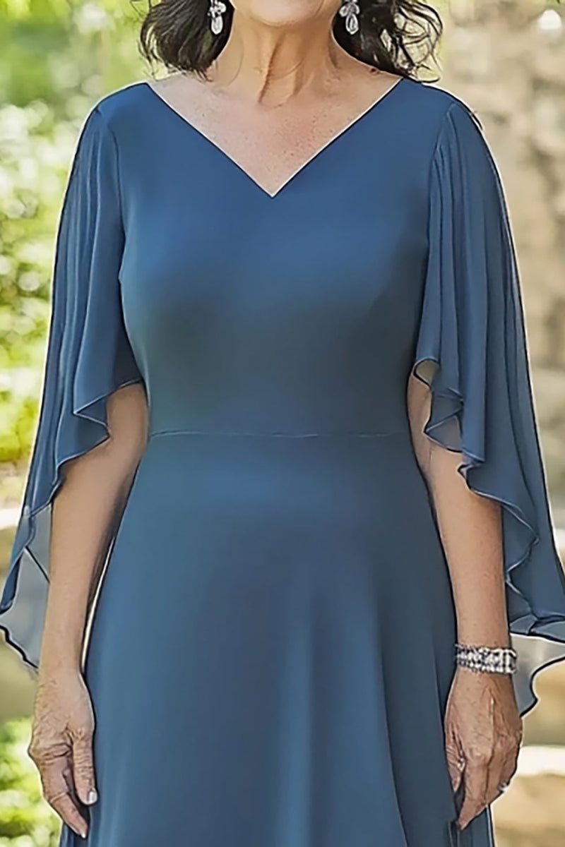 Load image into Gallery viewer, Dusty Blue Asymmetrical V Neck Ruffled Half Sleeve Mother of the Bride Dress