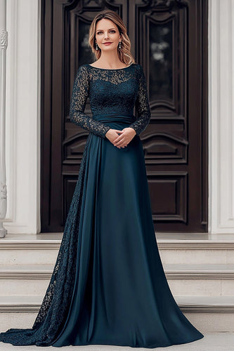 Elegant Navy Scoop A Line Satin Lace Mother of the Bride Dress with Long Sleeves