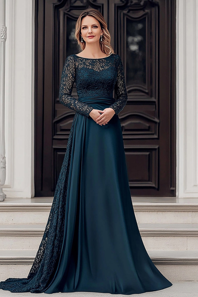 Load image into Gallery viewer, Elegant Navy Scoop A Line Satin Lace Mother of the Bride Dress with Long Sleeves