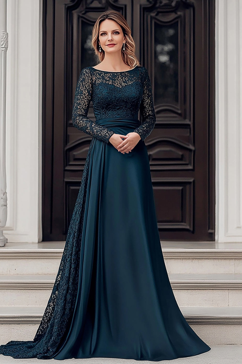 Elegant Navy Scoop A Line Satin Lace Mother of the Bride Dress with Long Sleeves