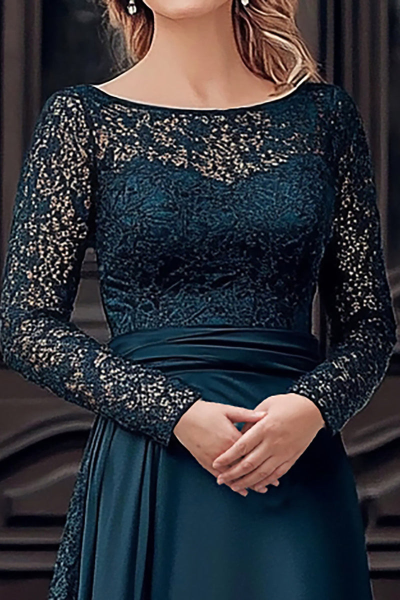 Load image into Gallery viewer, Elegant Navy Scoop A Line Satin Lace Mother of the Bride Dress with Long Sleeves