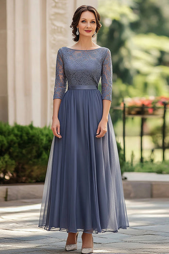 Dusty Blue Scoop Chiffon Lace Half Sleeve Mother of the Bride Dress