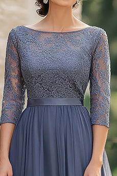 Dusty Blue Scoop Chiffon Lace Half Sleeve Mother of the Bride Dress