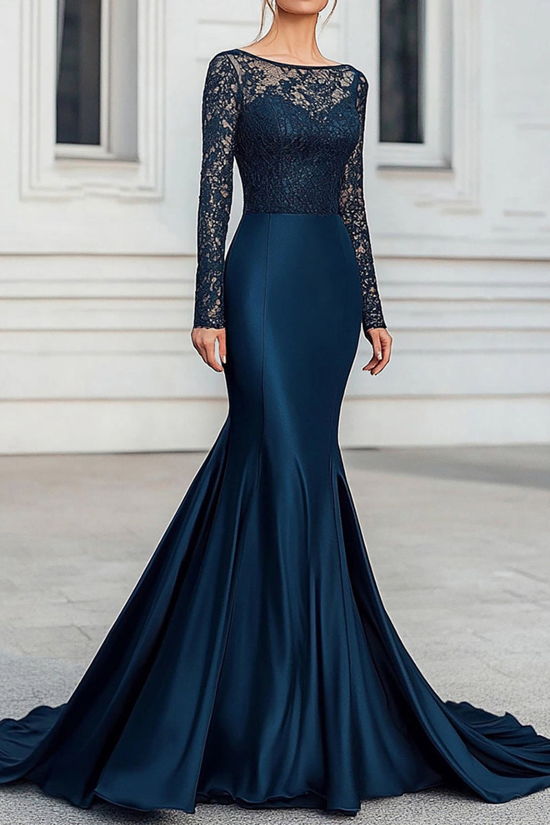 Load image into Gallery viewer, Mermaid Satin Lace Navy Mother of the Bride Dress with Long Sleeves