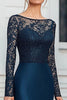 Load image into Gallery viewer, Mermaid Satin Lace Navy Mother of the Bride Dress with Long Sleeves