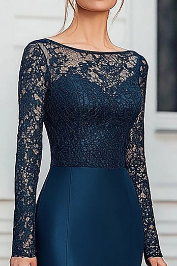 Mermaid Satin Lace Navy Mother of the Bride Dress with Long Sleeves