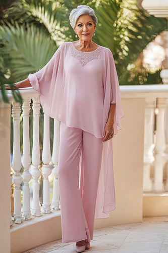 Pink Round Neck Chiffon Mother of the Bride Pant Suits