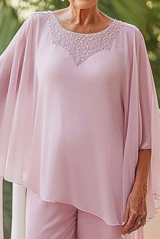 Pink Round Neck Chiffon Mother of the Bride Pant Suits