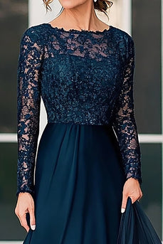 Navy A-Line Lace and Chiffon Long Sleeves Long Mother of the Birde Dress