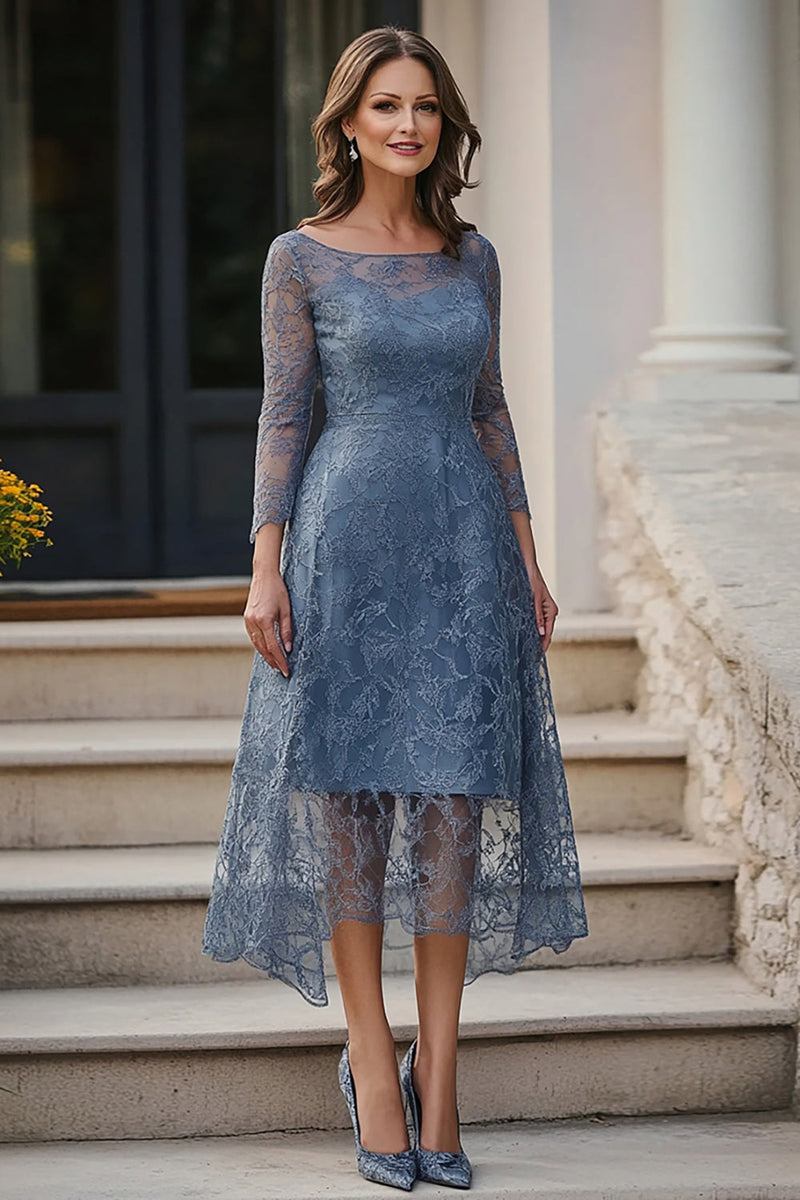 Load image into Gallery viewer, Dusty Blue Lace A-Line Long Sleeves Midi Mother of the Bride Dress