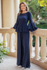 Load image into Gallery viewer, Navy Chiffon Long Sleeves Mother of the Bride Pant Suits with Ruffles