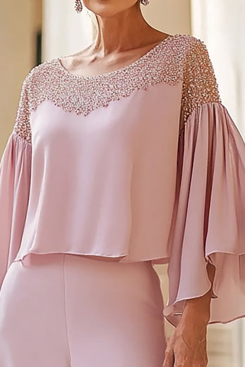 Pink Round Neck Chiffon Mother of the Bride Pant Suits with Beading