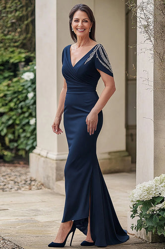 Navy V-neck Mermaid Satin Long Mother of the Bride Dress