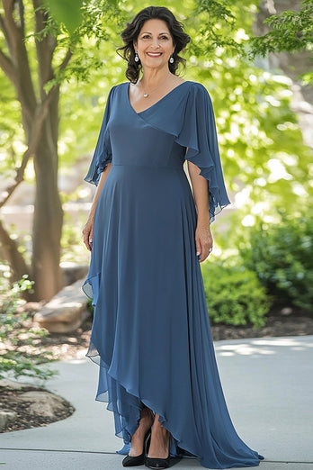 Dusty Blue Chiffon V-neck A-Line Long Mother of the Bride Dress