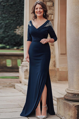 Navy Mermaid V-neck Satin Half Sleeves Long Mother of the Bride Dress with Slit