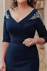 Load image into Gallery viewer, Navy Mermaid V-neck Satin Half Sleeves Long Mother of the Bride Dress with Slit