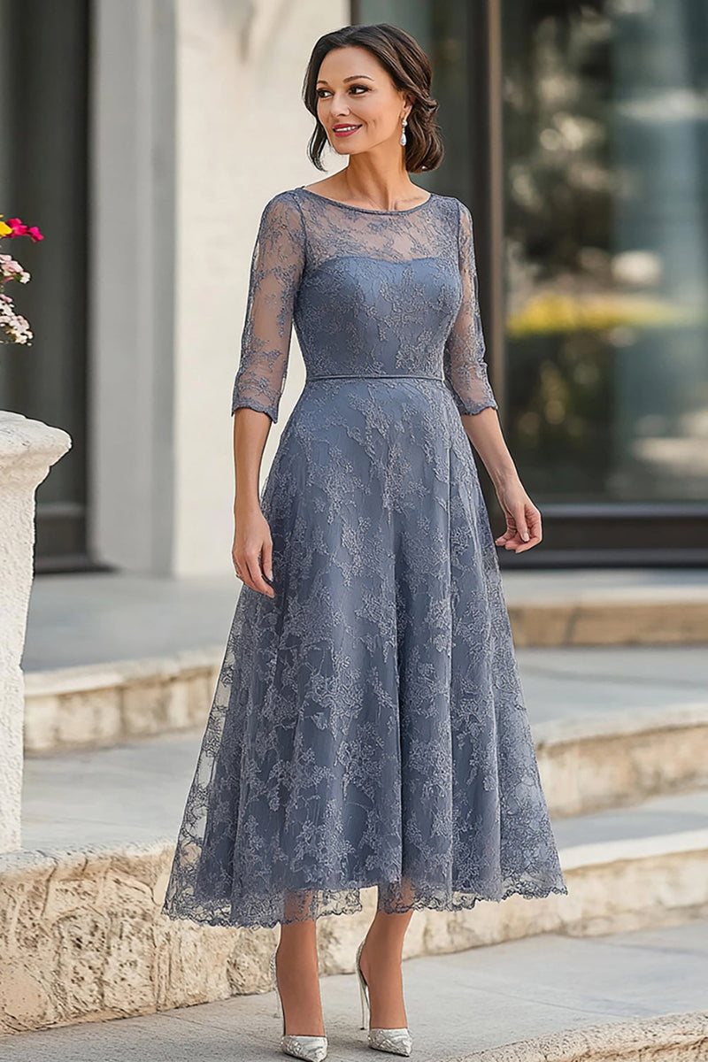 Load image into Gallery viewer, Dusty Blue Lace A-Line Half Sleeves Tea Length Mother of the Bride Dress