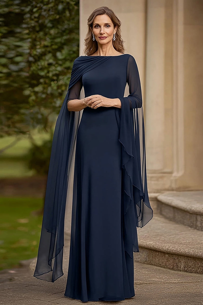 Load image into Gallery viewer, Navy Chiffon A Line Mother of Bride Dress with Flutter Sleeves