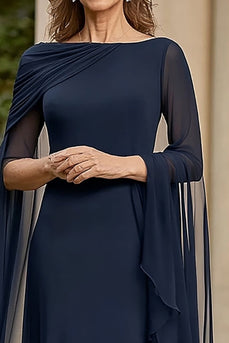 Navy Chiffon A Line Mother of Bride Dress with Flutter Sleeves